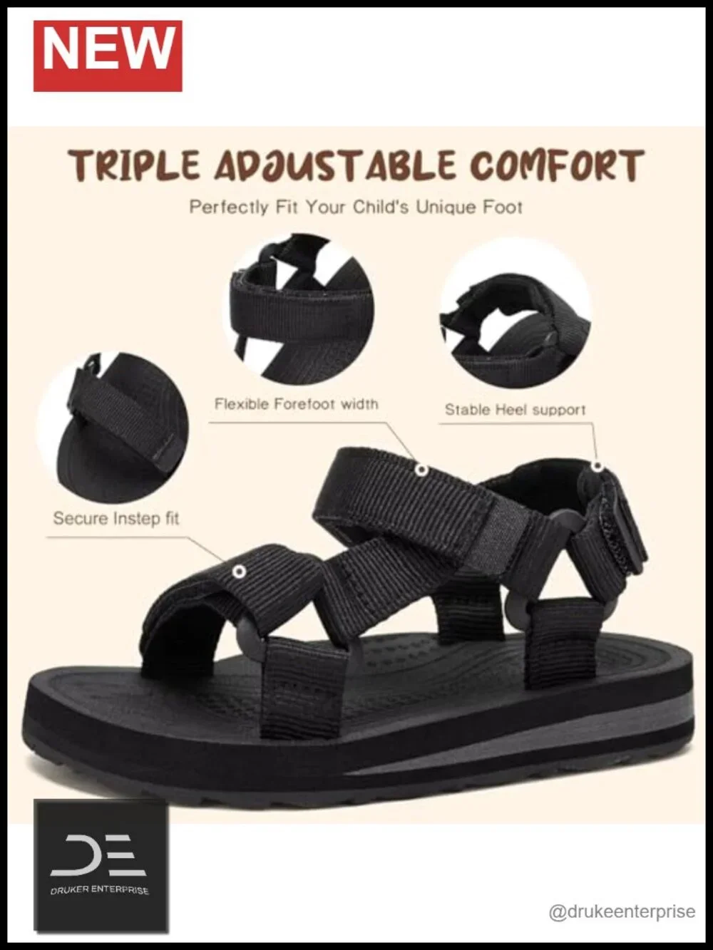 Toddler Water Sandals with Arch Support, Triple Adjustable Strap, Quick-Dry